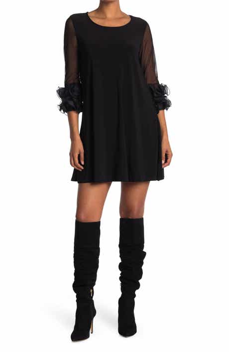 Nina Leonard Ruffle Mesh Sleeve Dress