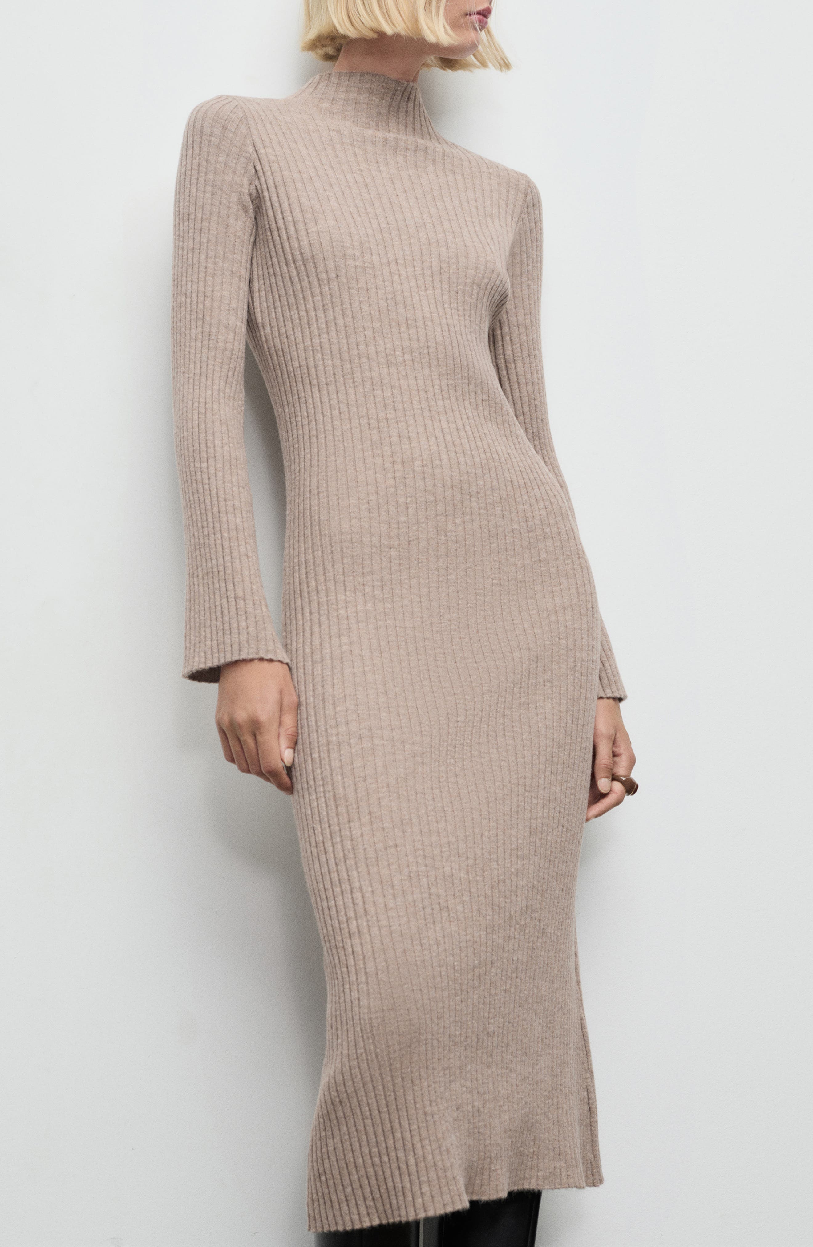 MANGO Rib Long Sleeve Midi Sweater Dress