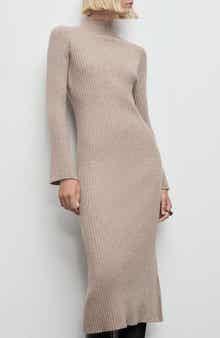 MANGO Rib Long Sleeve Midi Sweater Dress