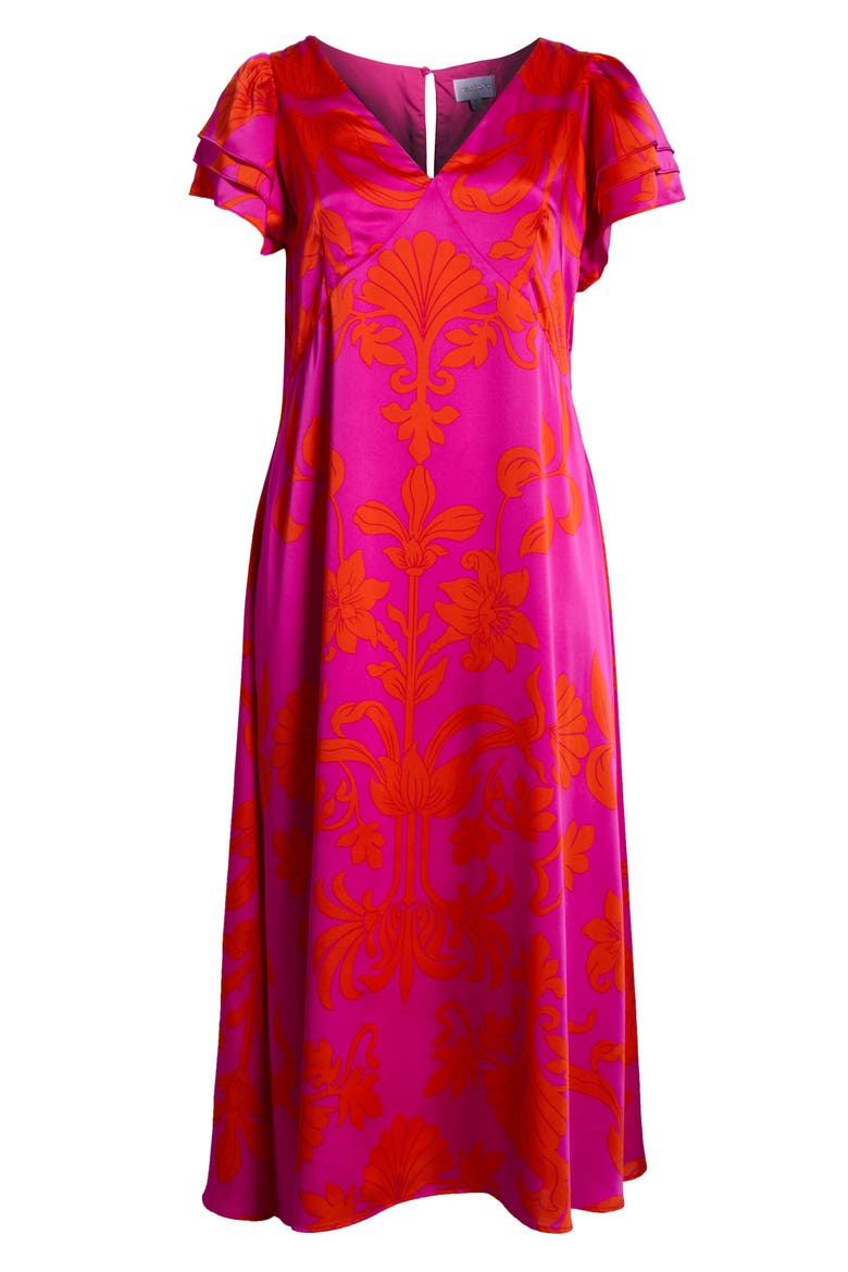 Vallie Floral Flutter Sleeve Satin Maxi Dress, Alternate, color, MAGENTA-MUL