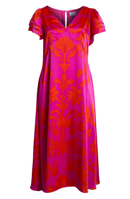Sugarlips Vallie Floral Flutter Sleeve Satin Maxi Dress In Pink
