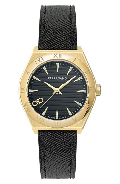 FERRAGAMO Vega Upper East Leather Strap Watch, 35mm in Ip Yellow Gold at Nordstrom