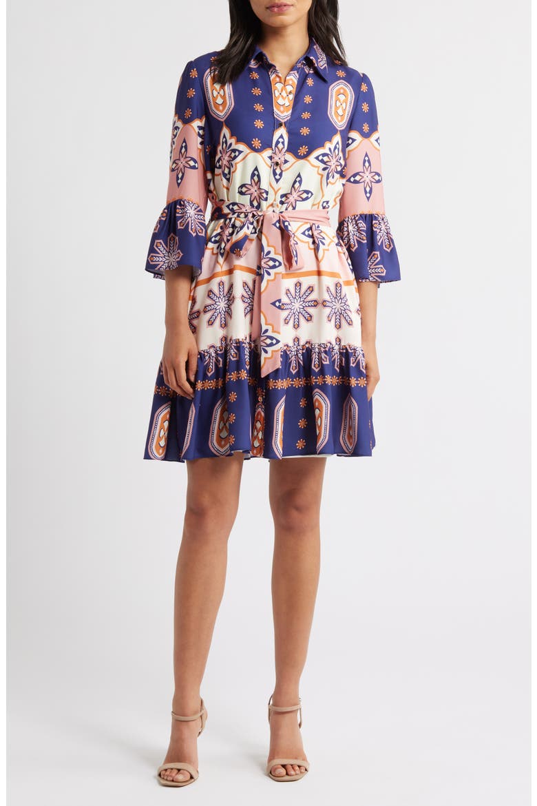 Print Tie Waist Shirtdress, Main, color, NAVY MULTI