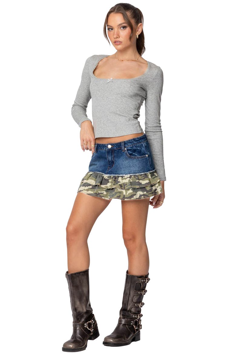 Camo Ruffle Denim Miniskirt, Alternate, color, BLUE-WASHED