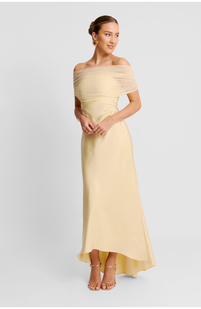Six Stories Bardot Satin Maxi Dress, Main, color, Pale Lemon