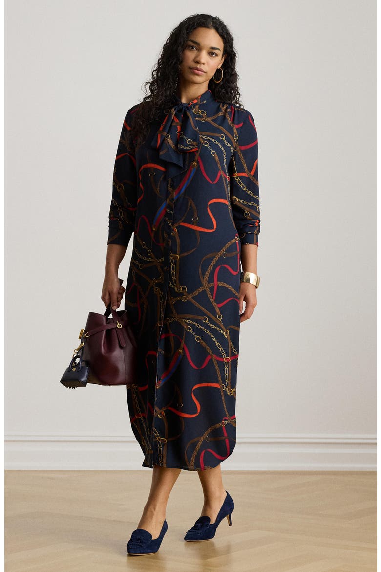 Chain Print Tie Waist Long Sleeve Crepe Shirtdress, Alternate, color, NAVY MULTI