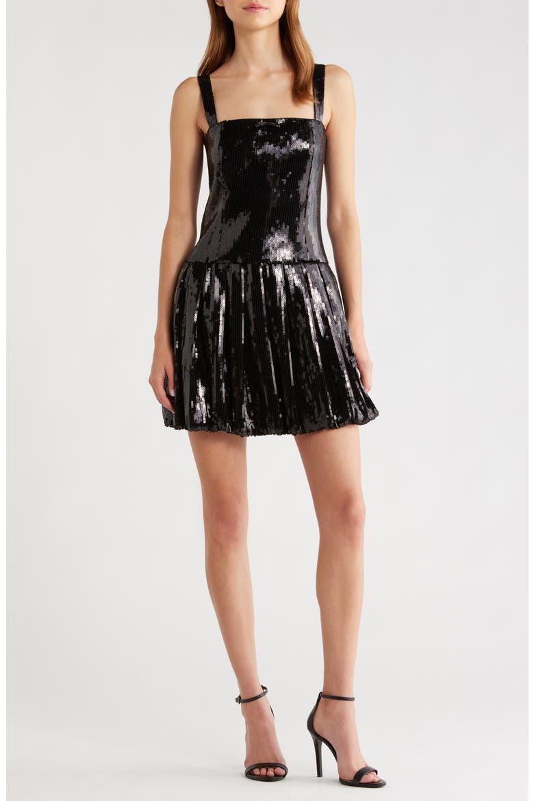 Bella Bubble Hem Sequin Cocktail Minidress, Main, color, BLACK