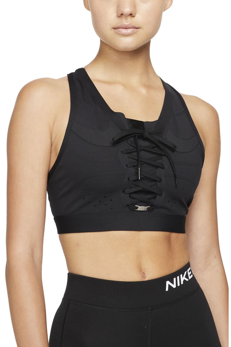 Swoosh Air Force 1 Sports Bra, Main, color, BLACK/ BLACK