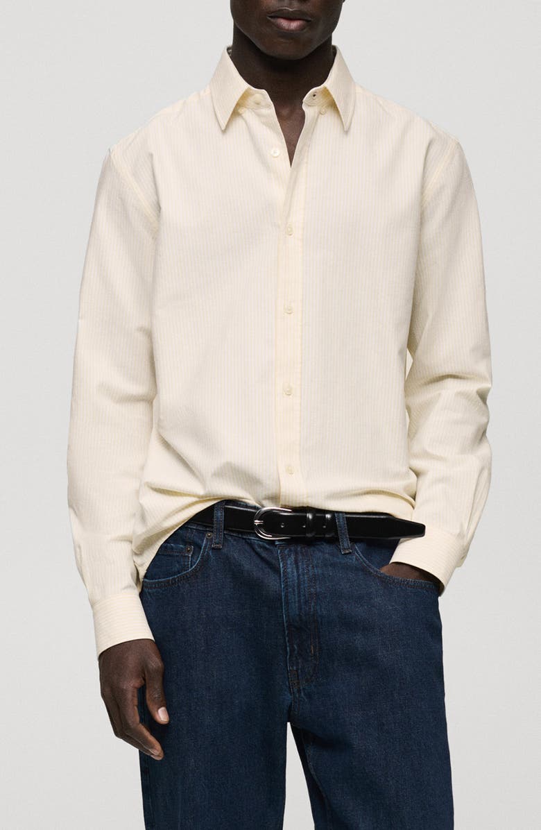 MANGO Regular Fit Stripe Cotton Button-Up Shirt, Main, color, Yellow