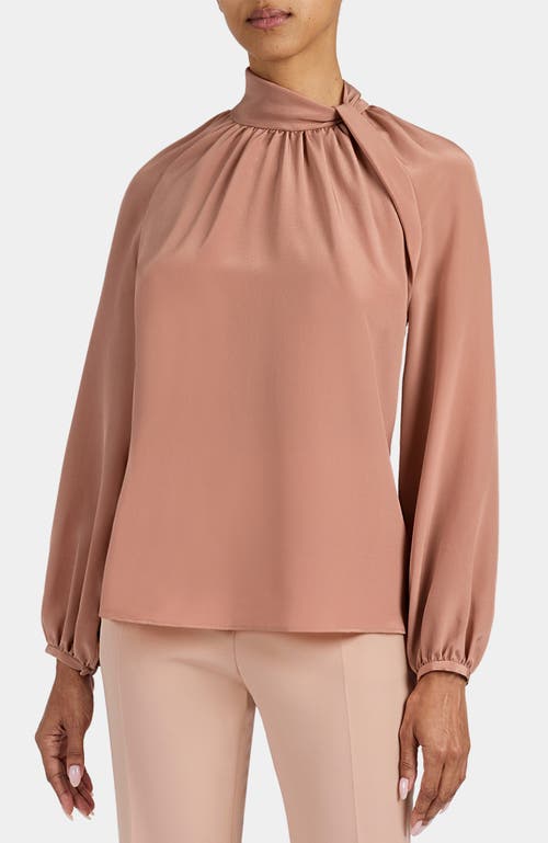 Santorelli Dakota Silk Mock Neck Blouse With Long Lantern Sleeves In Brown