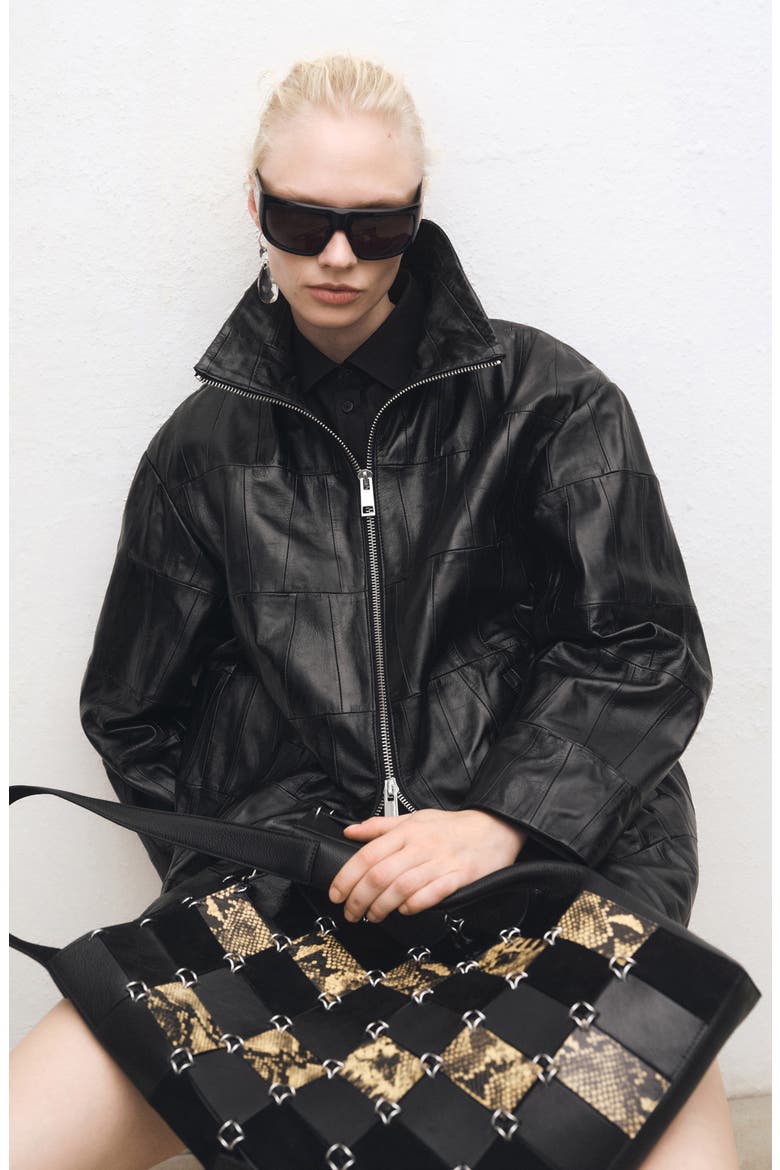Patchwork Leather Jacket, Alternate, color, BLACK