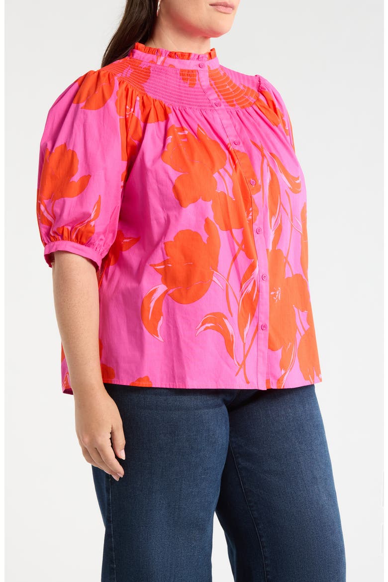 Aurea Floral Blossom Smocked Button-Up Top, Alternate, color, PINK RED MULTI