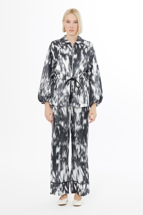 Ruffled Sleeve Printed Loose Fit Grey Set