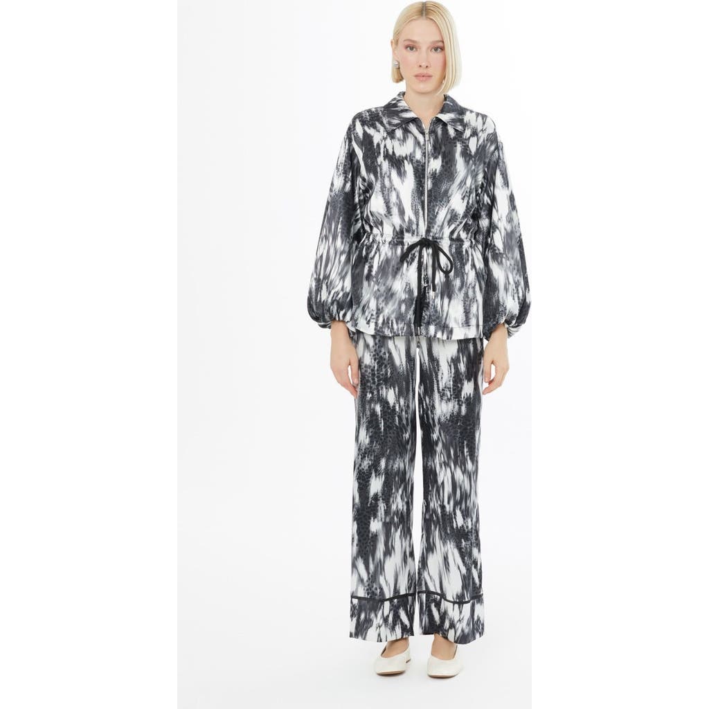 Gizia Ruffled Sleeve Printed Loose Fit Grey Set In Gray