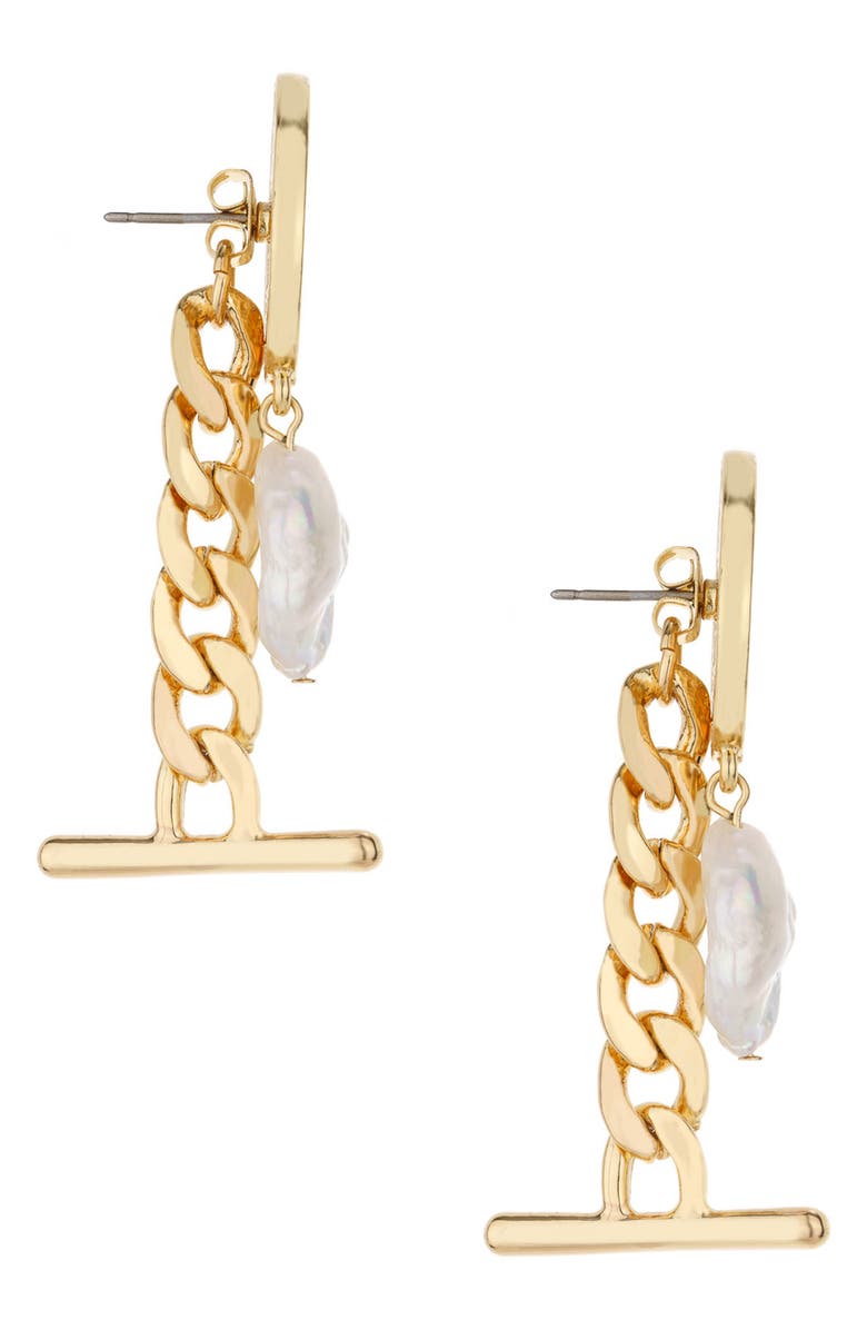Ettika Coin Freshwater Pearl Drop Earrings, Alternate, color, Gold