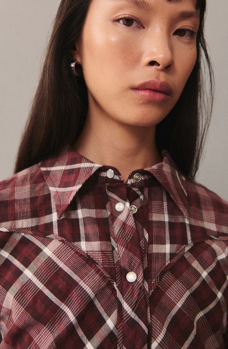 MANGO Plaid Snap-Up Shirt, Alternate, color, Burgundy