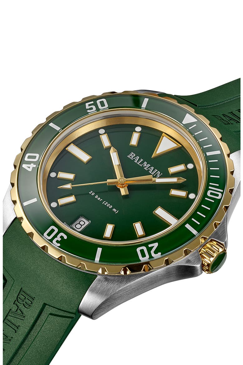 Ophrys Rubber Strap Watch, 42.5mm, Alternate, color, BICOLOR STAINLESS STEEL/ GREEN