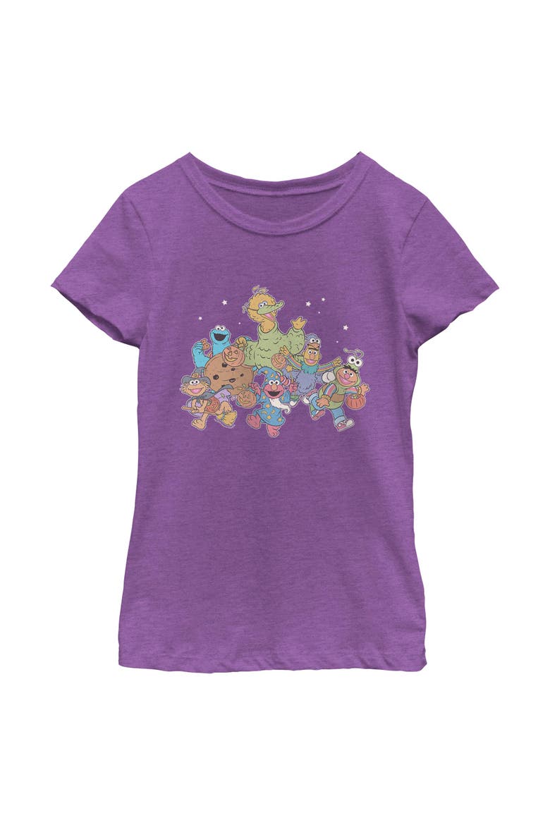 Girls Sesame Street Trick Or Treat With Elmo And His Friends T Shirt, Main, color, Purple Berry