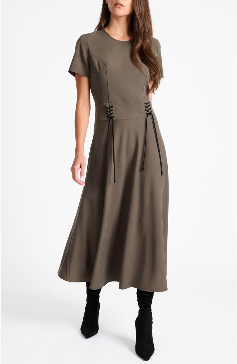 Santorelli Octavia Short Sleeve Dress with Leather Lacing Detail, Main, color, Sahara