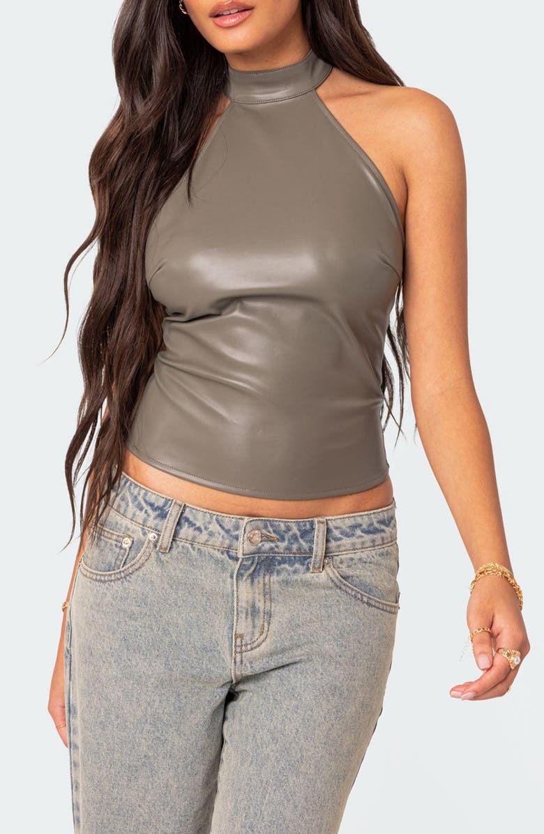 EDIKTED Sienna Faux Leather Halter Top, Main, color,