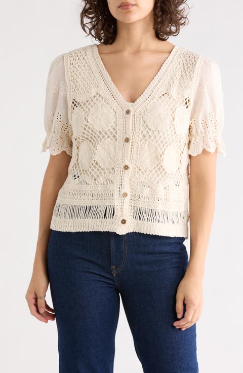 Cotton Eyelet Puff Sleeve Crochet Top