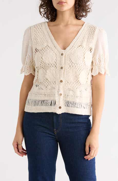 Forgotten Grace Cotton Eyelet Puff Sleeve Crochet Top