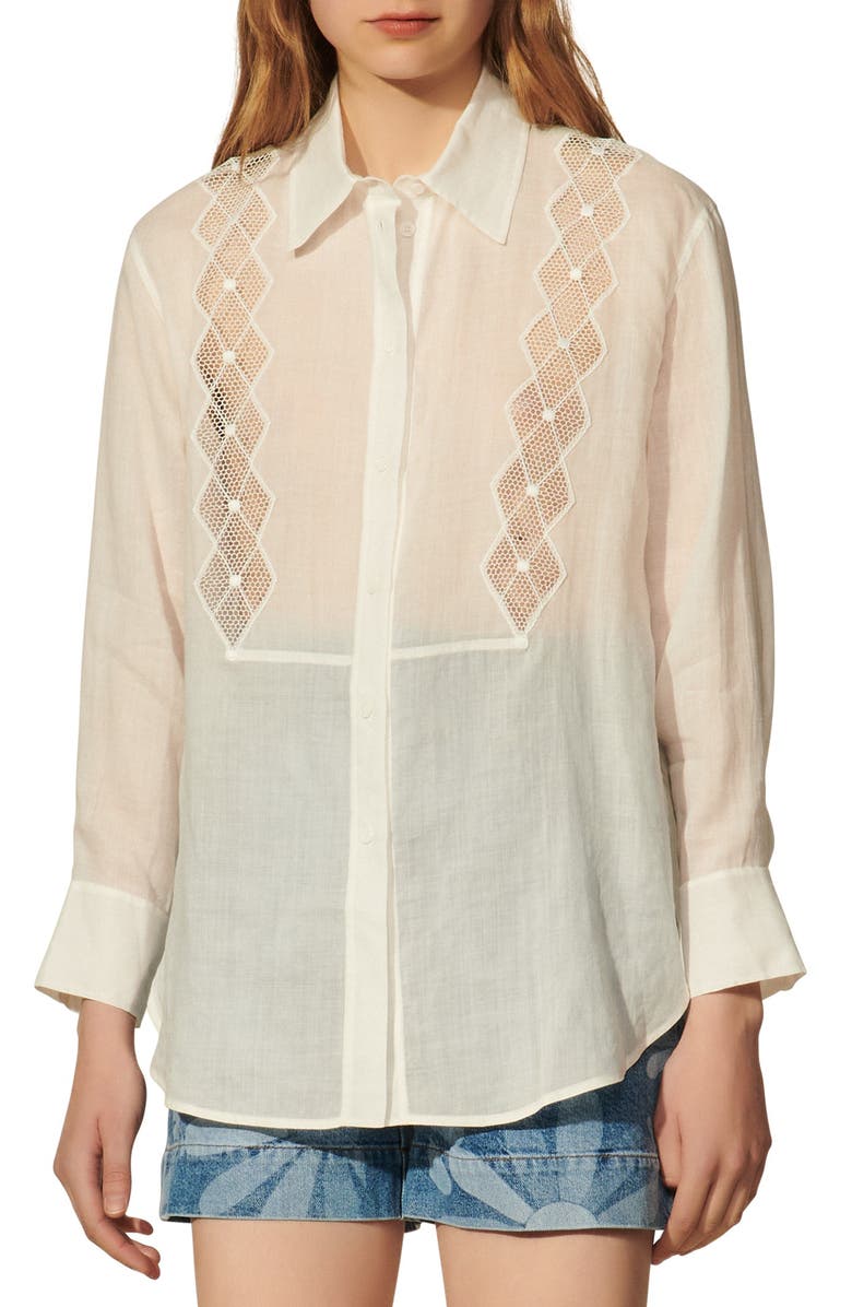 SANDRO Eugene Mesh Inset Ramie Shirt, Main, color, Ecru