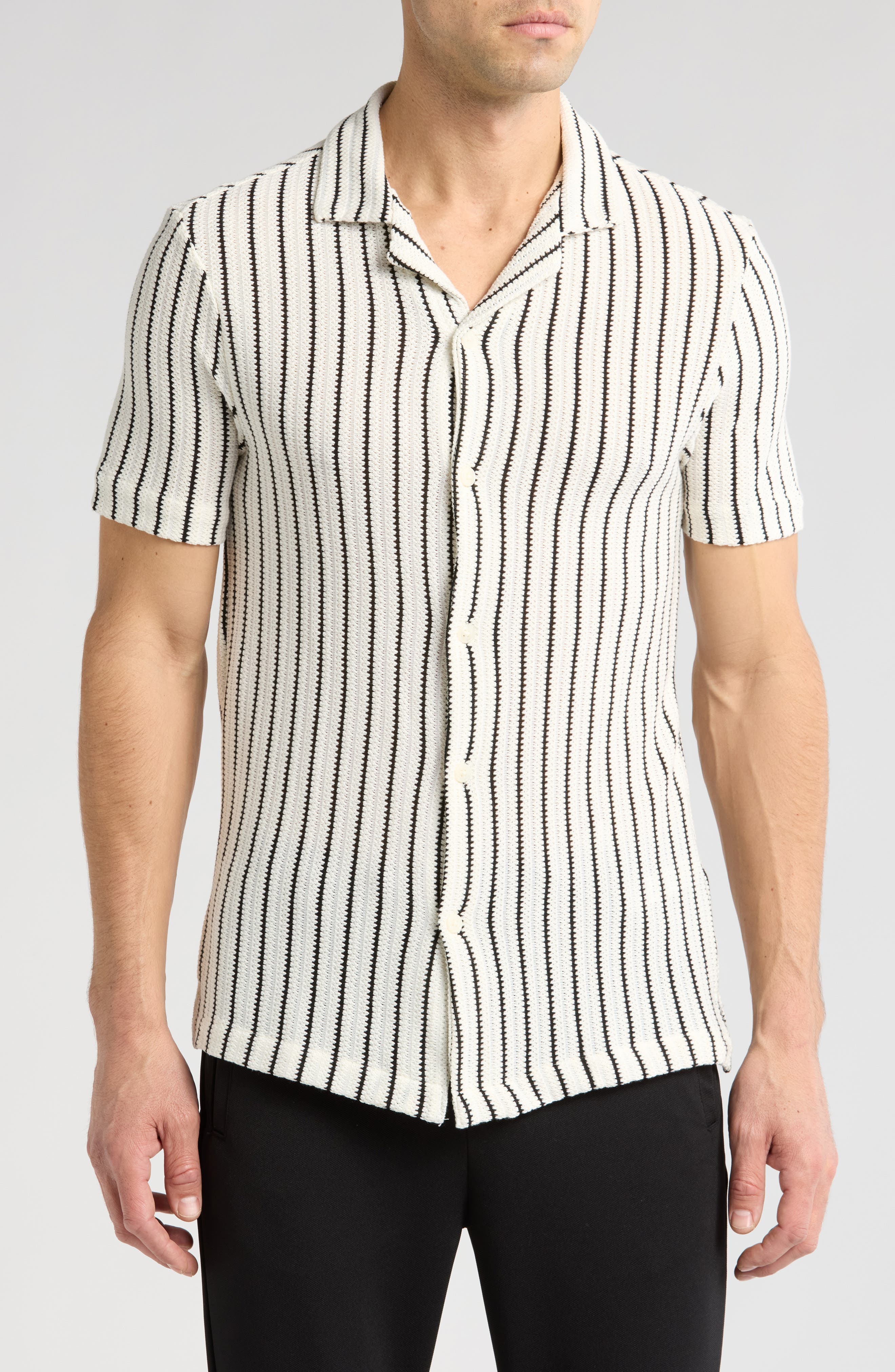 DENIM AND FLOWER Stripe Textured Short Sleeve Camp Shirt