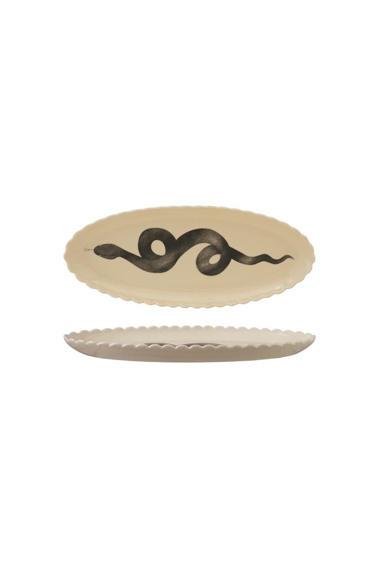 Scalloped Stoneware Platter with Hand-Painted Snake, Main, color, White and Black