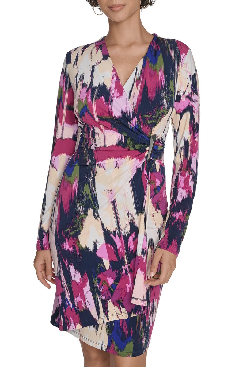 Calvin Klein Floral Long Sleeve Faux Wrap Dress, Alternate, color, Dark Purple Multi