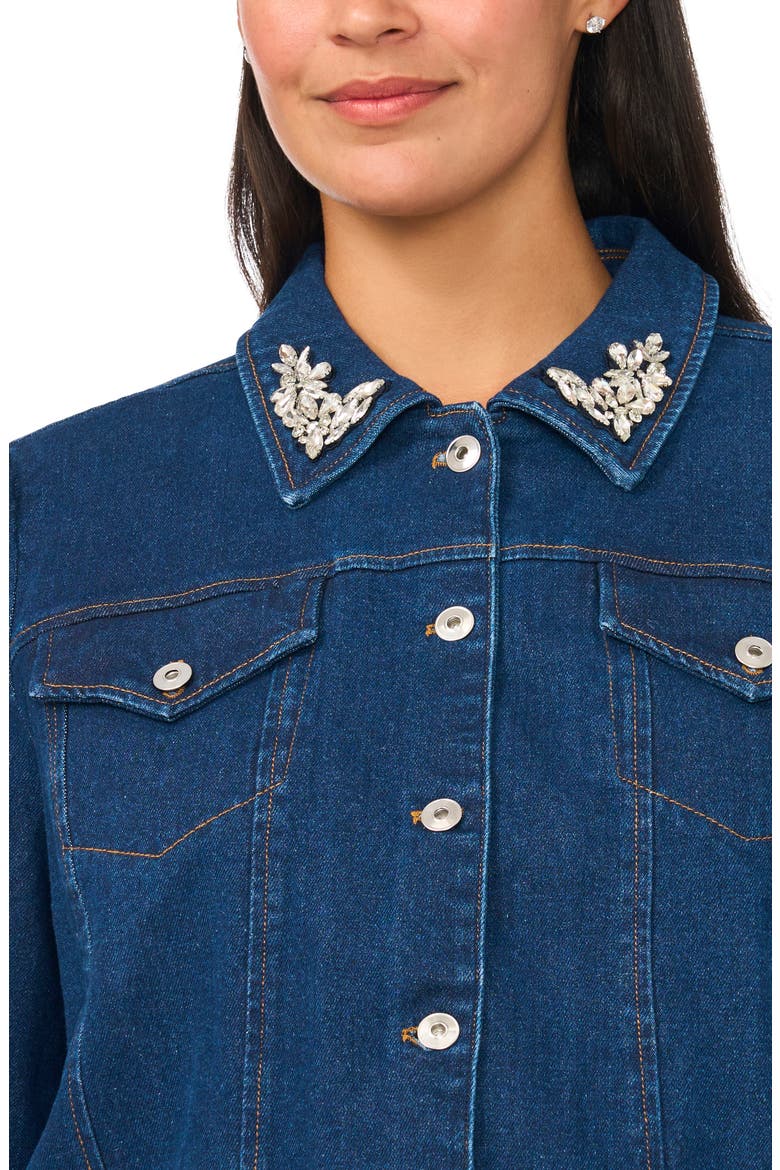 Crystal Collar Puff Sleeve Denim Jacket, Alternate, color, MID INDIGO