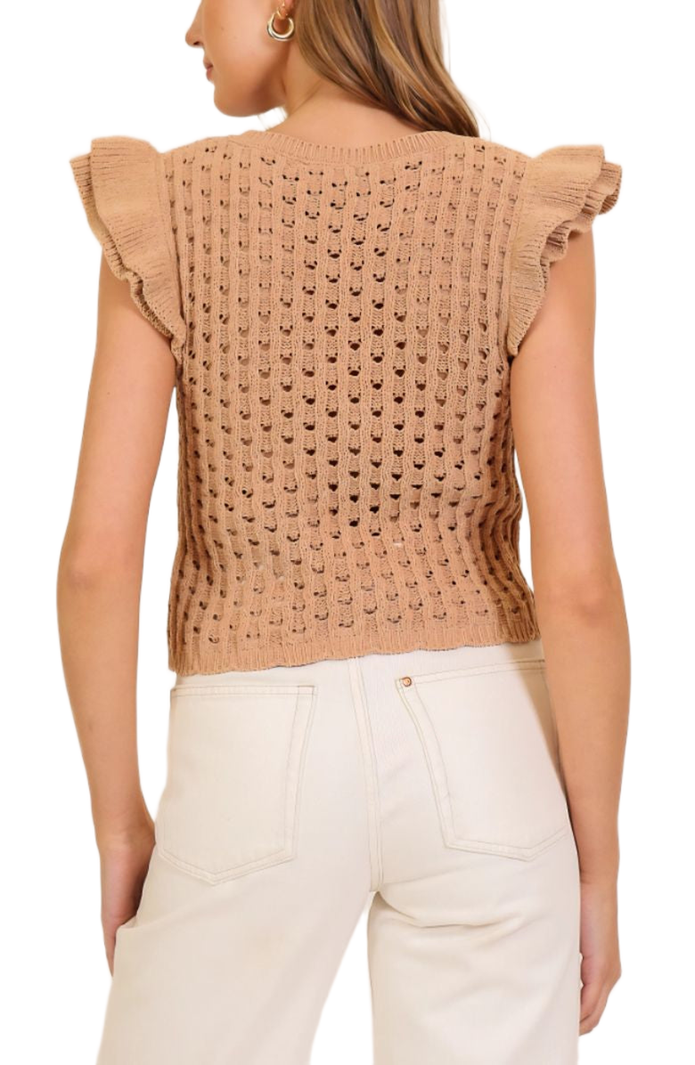 Knit and Lounge Ruffle Cap Sleeve Crochet Open Knit Top, Alternate, color, Camel