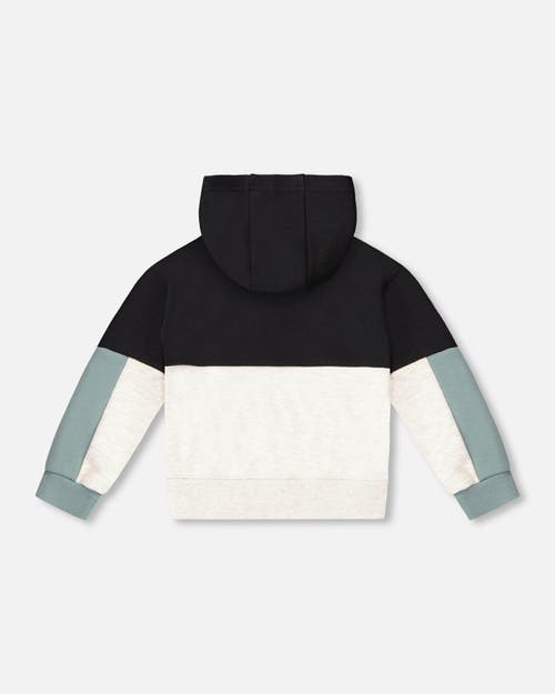 Deux Par Deux Little Boy's French Terry Color Block Full Zip Hoodie Cardigan Sweatshirt Black, Teal In Black, Teal And Shimmer