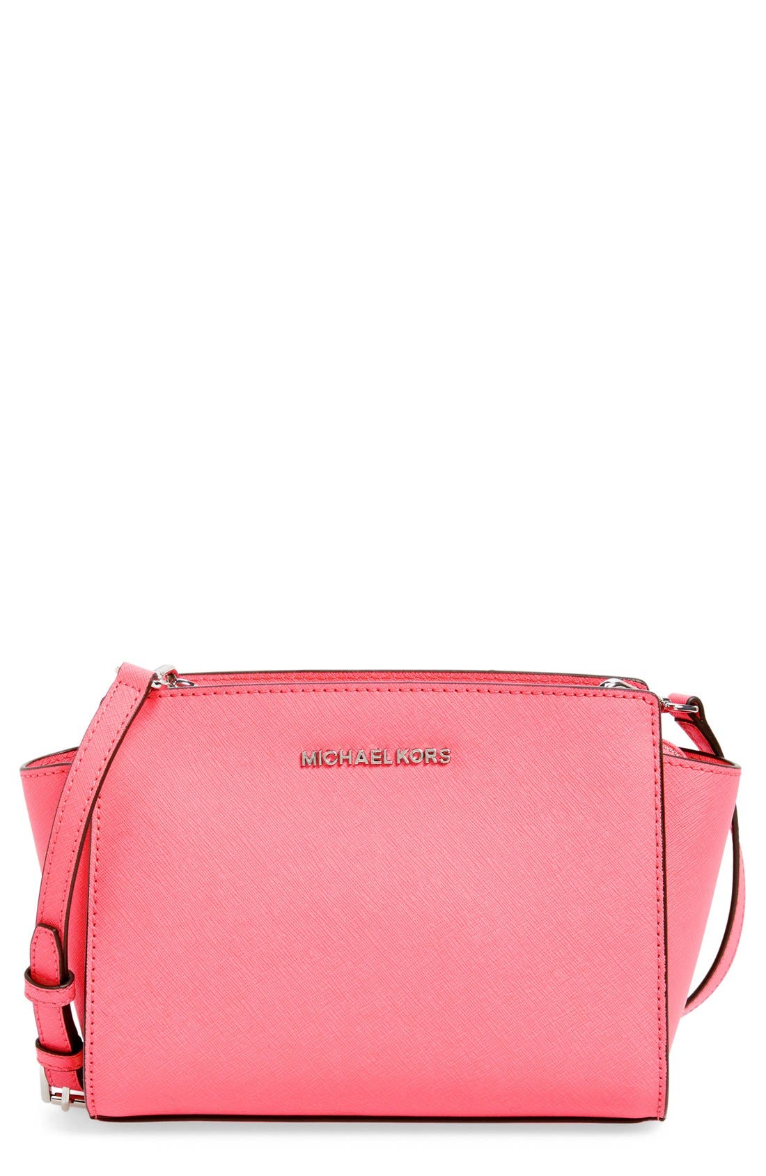 'Medium Selma' Saffiano Leather Crossbody Bag, Main, color, CORAL/ SILVER