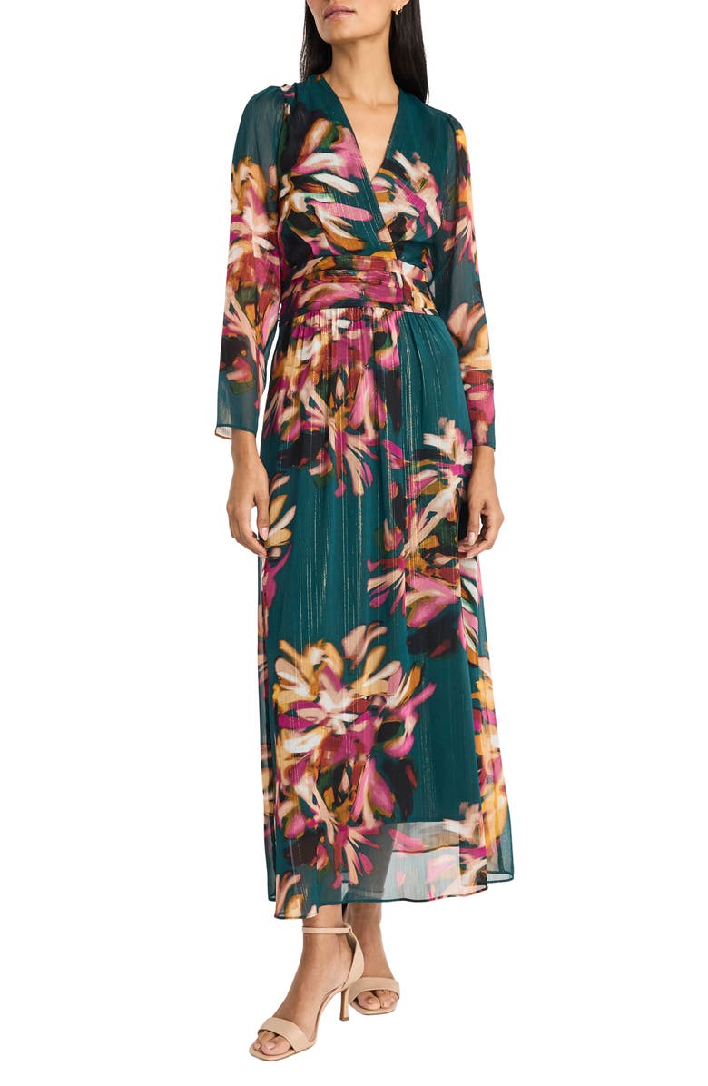 Maggy London Metallic Long Sleeve Chiffon Dress, Alternate, color, 