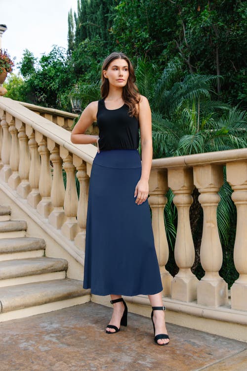 24seven Comfort Apparel Petite Elastic Waist Solid Color Maxi Skirt In Blue