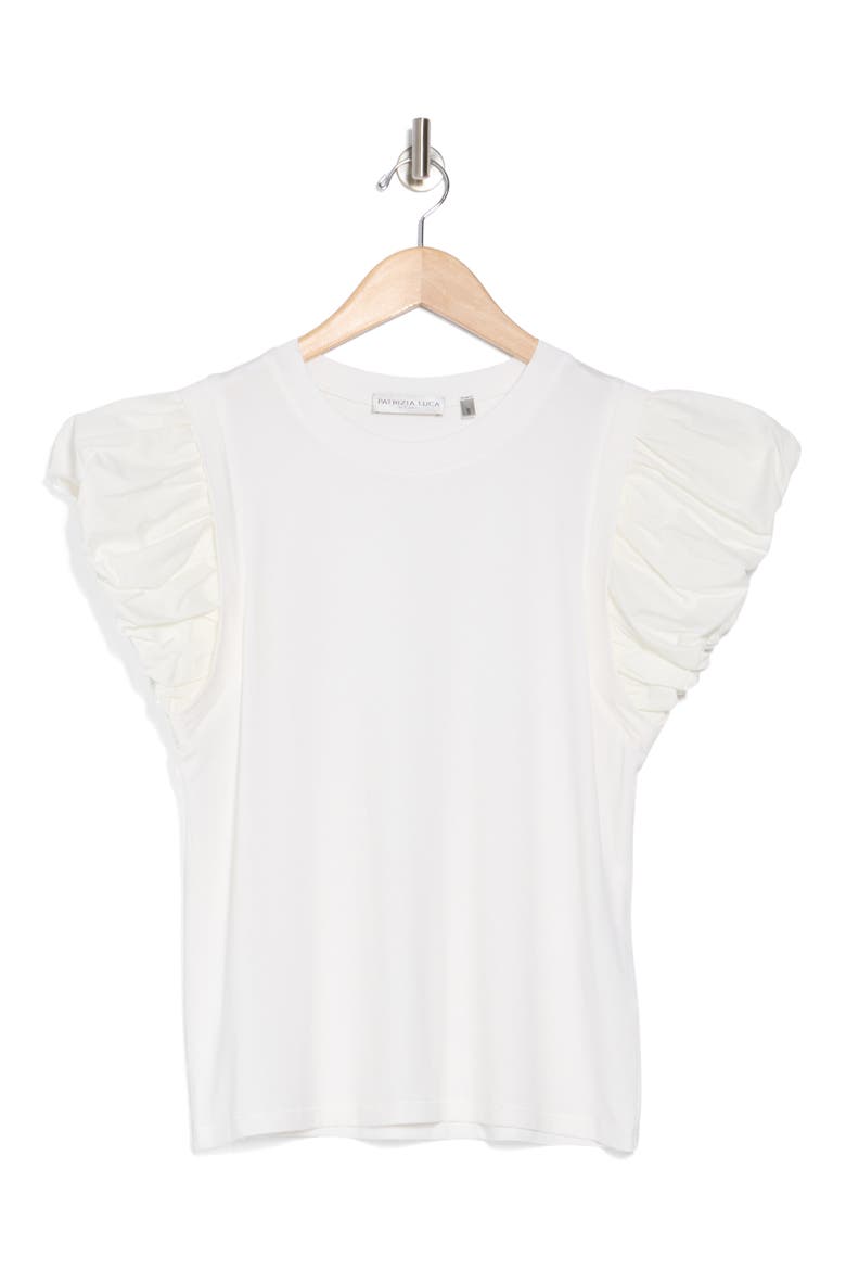 Ruched Puff Sleeve Mixed Media T-Shirt, Alternate, color, WHITE