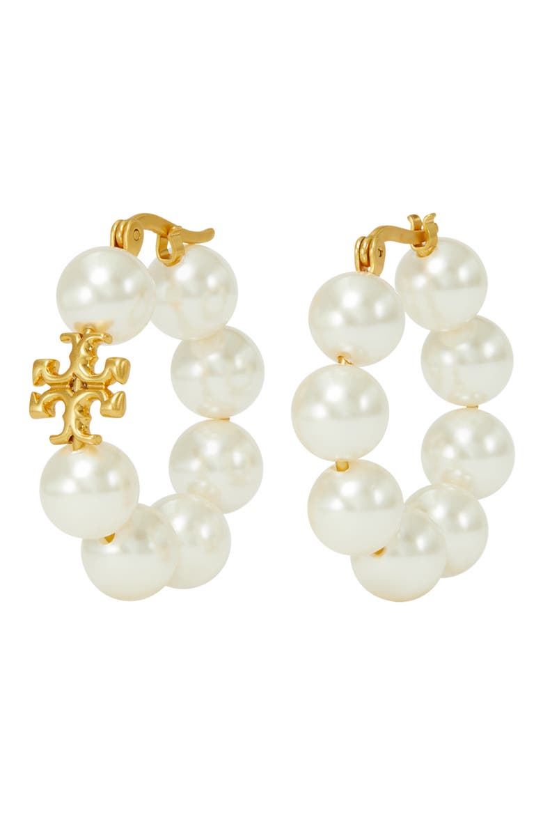 Kira Imitation Pearl Hoop Earrings, Alternate, color, ROLLED BRASS / IVORY
