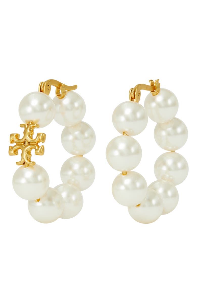 Tory Burch Kira Imitation Pearl Hoop Earrings, Alternate, color, Rolled Brass / Ivory