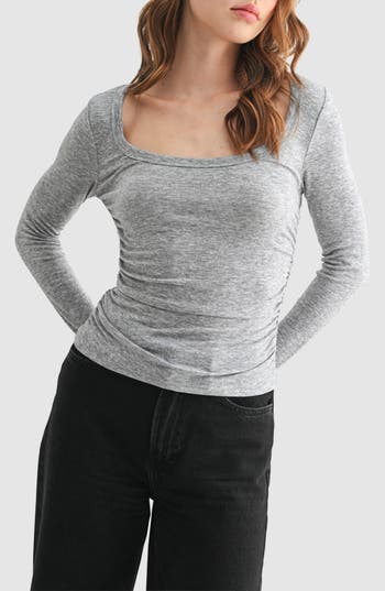 Lush Long Sleeve Ruched Top In Gray