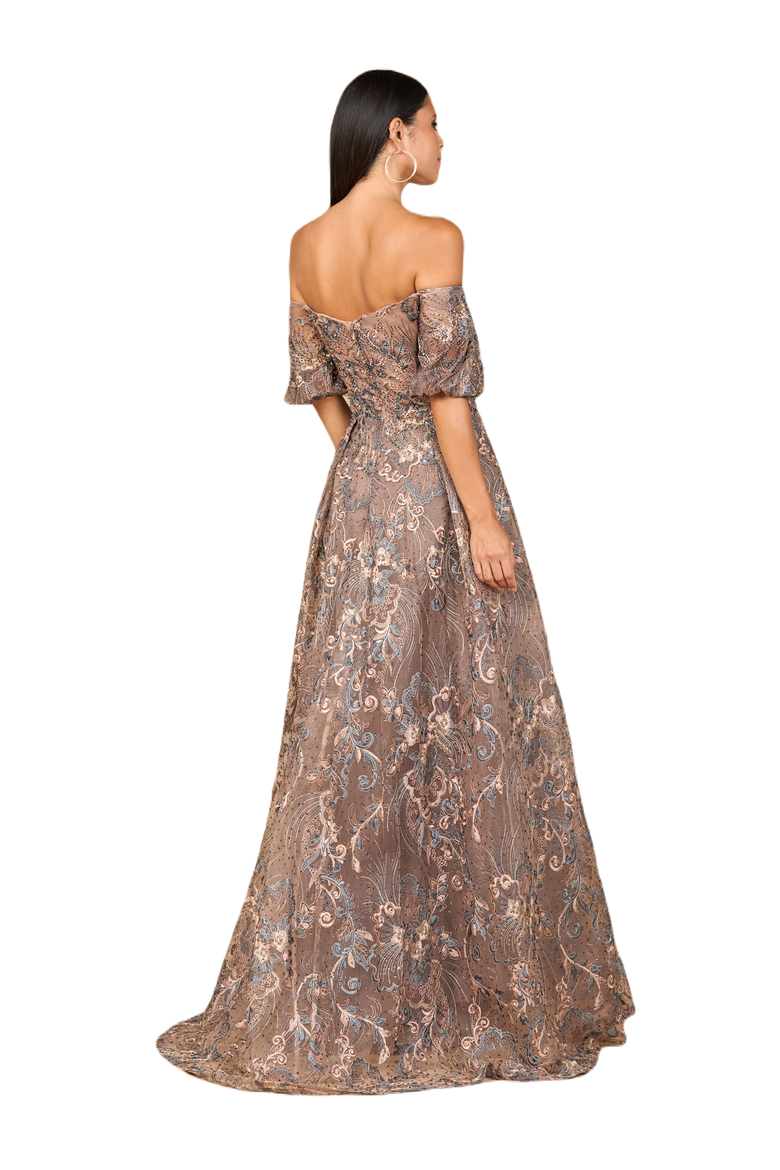 Off Shoulder Lace Ballgown, Alternate, color, Bronze Multi