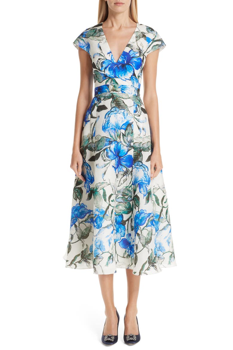 Floral Silk Midi Dress, Main, color, PERSIAN BLUE MULTI