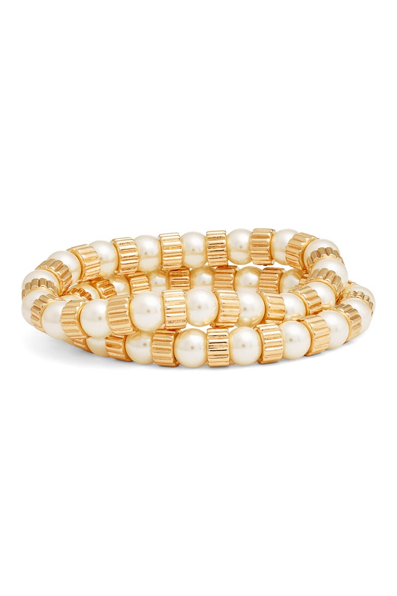 The Swan Set of 2 Imitation Pearl Stretch Bracelets, Main, color, GOLD