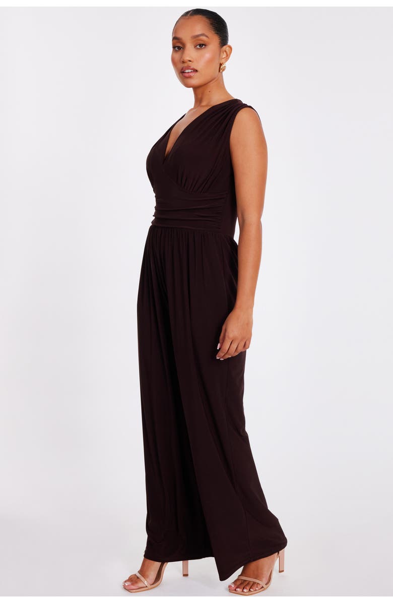 QUIZ Ity V-Neck Ruched Detail Jumpsuit, Alternate, color, Brown