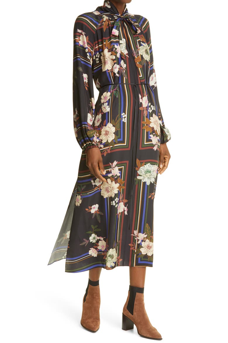 Tie Neck Scarf Print Silk Maxi Dress, Alternate, color, MAGNOLIA SCARF PRINT