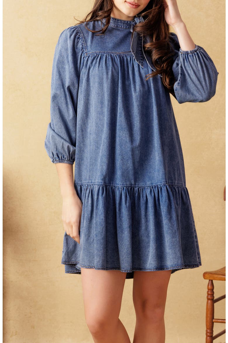 Tie Neck Balloon Sleeve Denim Trapeze Dress, Alternate, color, DARK INDIGO