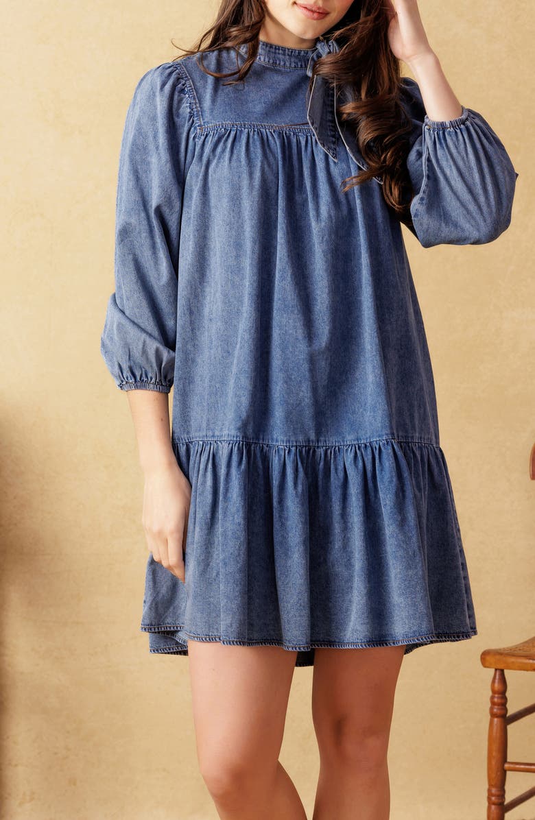 FLYING TOMATO Tie Neck Balloon Sleeve Denim Trapeze Dress, Alternate, color, Dark Indigo