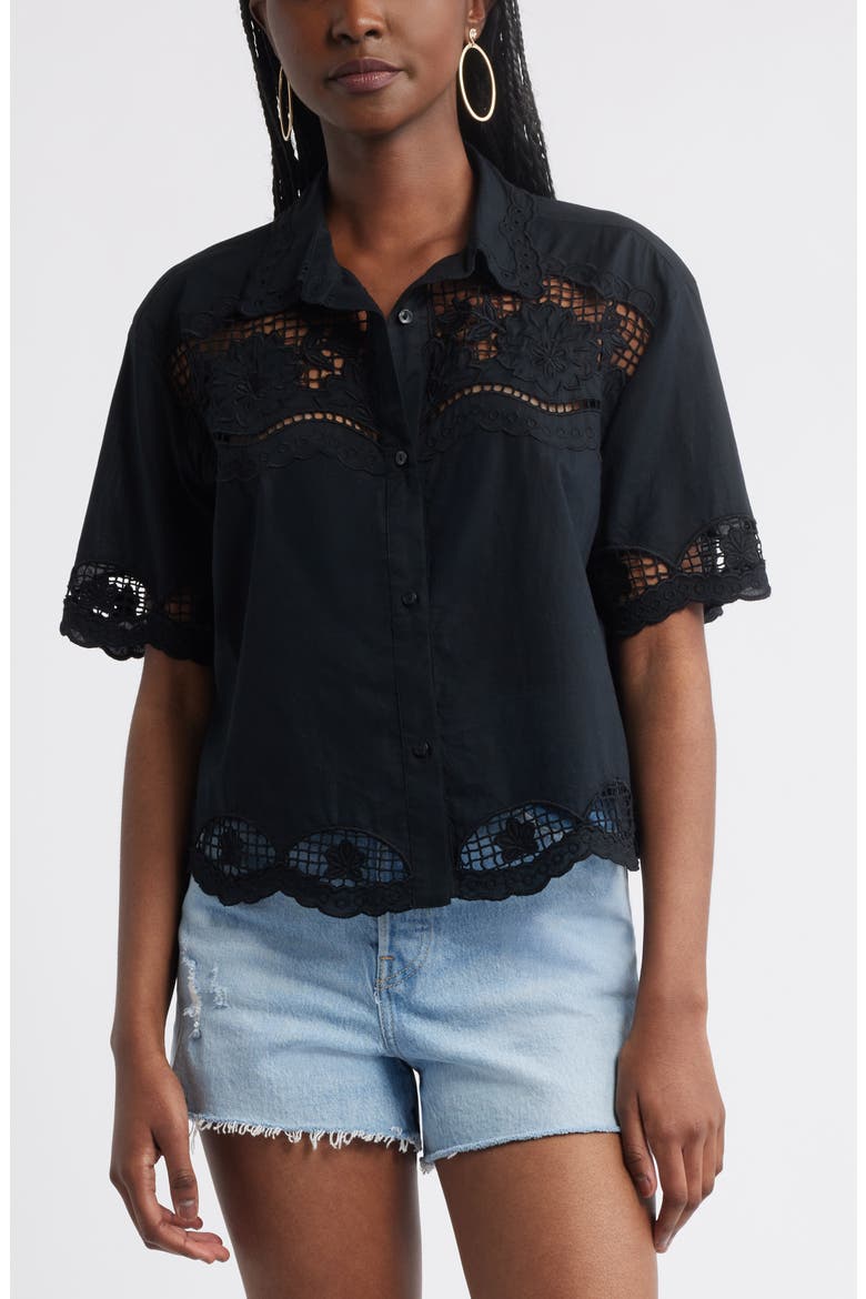 Embroidered Cutwork Cotton Camp Shirt, Main, color, BLACK