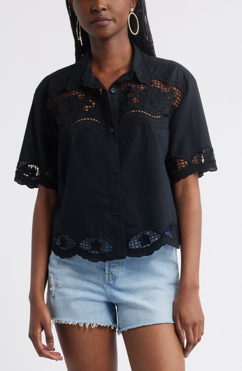 Treasure & Bond Embroidered Cutwork Cotton Camp Shirt, Main, color,