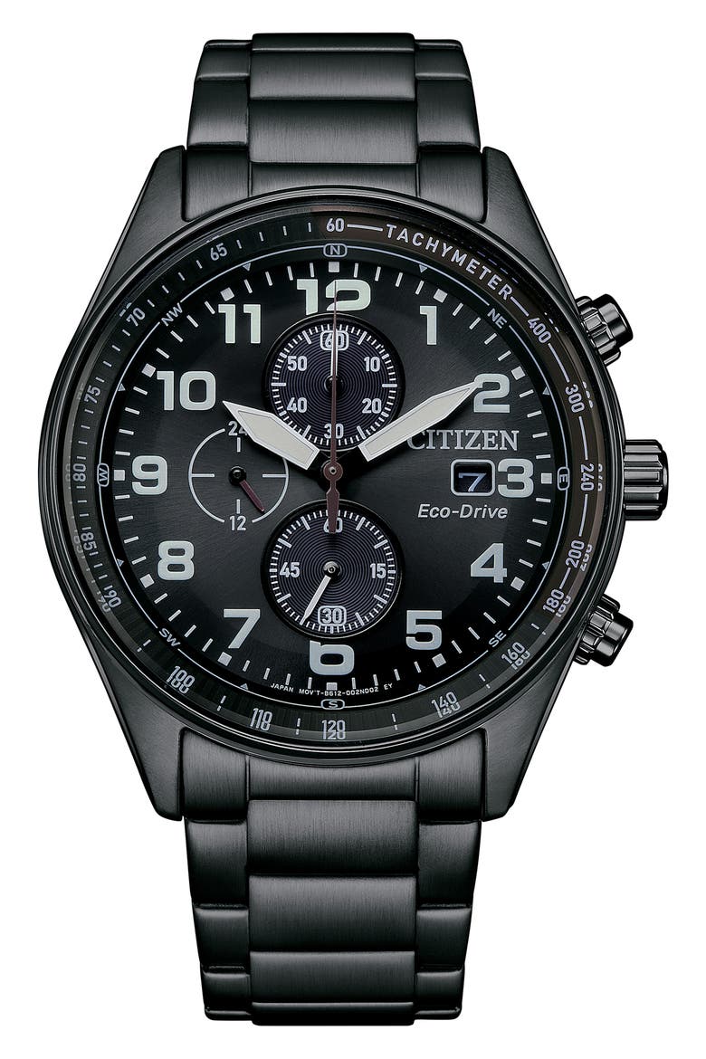 Eco-Drive Chronograph Bracelet Watch, 43mm, Main, color, BLACK